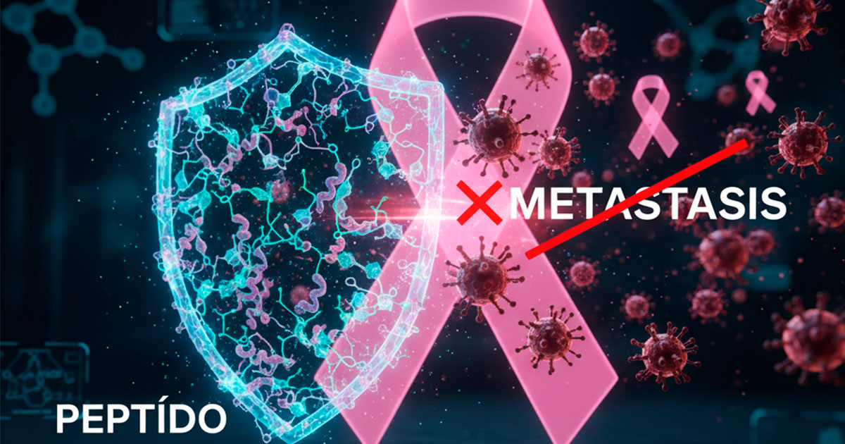 Ilustración de un péptido actuando como escudo contra la metástasis del cáncer, con lazo rosa y virus representando células tumorales.