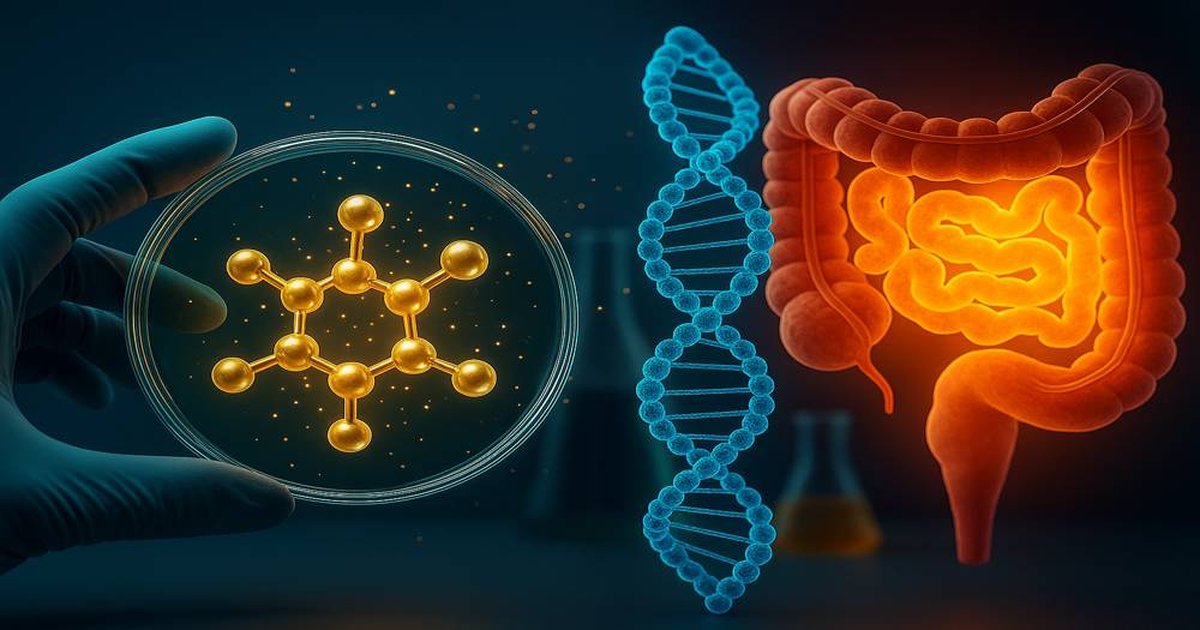 Ilustración 3D de péptidos actuando sobre el colon inflamado, representando una terapia innovadora para la enfermedad inflamatoria intestinal