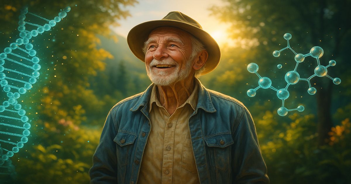 anciano caminando en un parque futurista, rodeados de moléculas peptídicas y ADN, representando longevidad y vitalidad