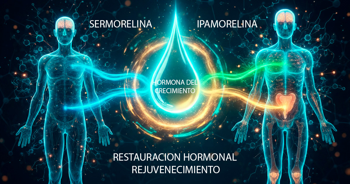 Diagrama comparativo de sermorelina e ipamorelina estimulando la hormona del crecimiento