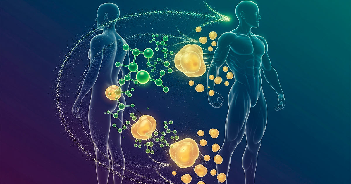 Representación abstracta de dos cuerpos humanos intercambiando moléculas y grasa durante un proceso metabólico