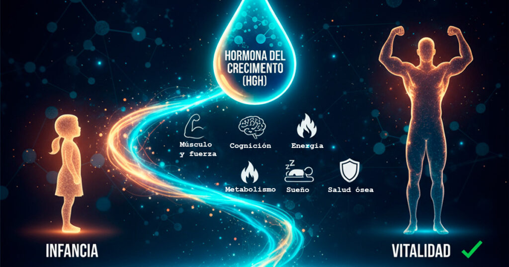Comparación entre déficit de hormona del crecimiento (HGH) y estimulación natural con CJC-1295; estimulación directa con hormona recombinante.